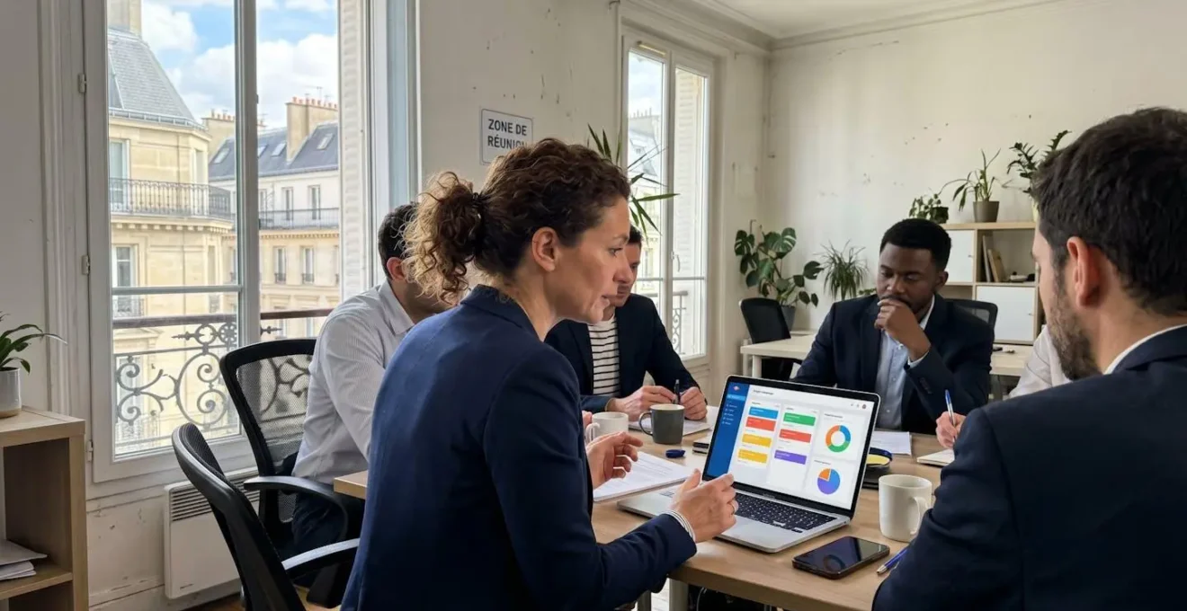 Une femme d'environ 40 ans, chef d'entreprise, en discussion détendue avec trois membres de son équipe dans un bureau lumineux aux baies vitrées, ambiance collaborative