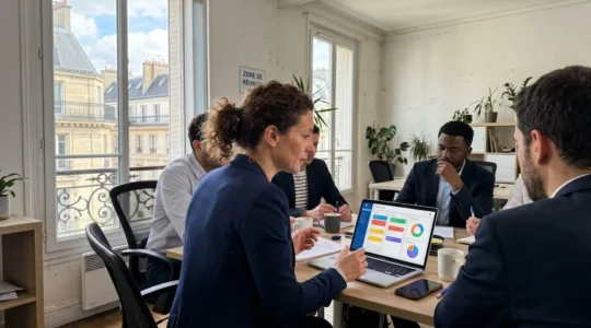 Une femme d'environ 40 ans, chef d'entreprise, en discussion détendue avec trois membres de son équipe dans un bureau lumineux aux baies vitrées, ambiance collaborative